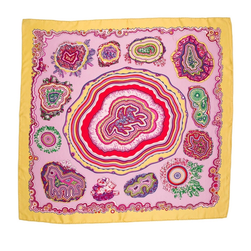 Hermes Pierres Et  Cristaux Yellow Silk Scarf with Multicolor Wave Print